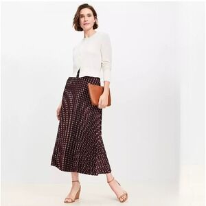 LOFT Burgundy Pleated Midi Skirt Bow Print Elastic Waist Feminine Chic NEW Large